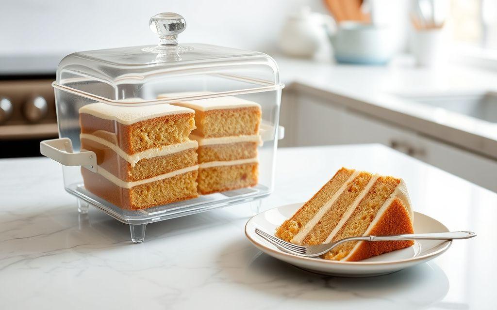 Layer cake stored in a glass cake keeper with one slice plated