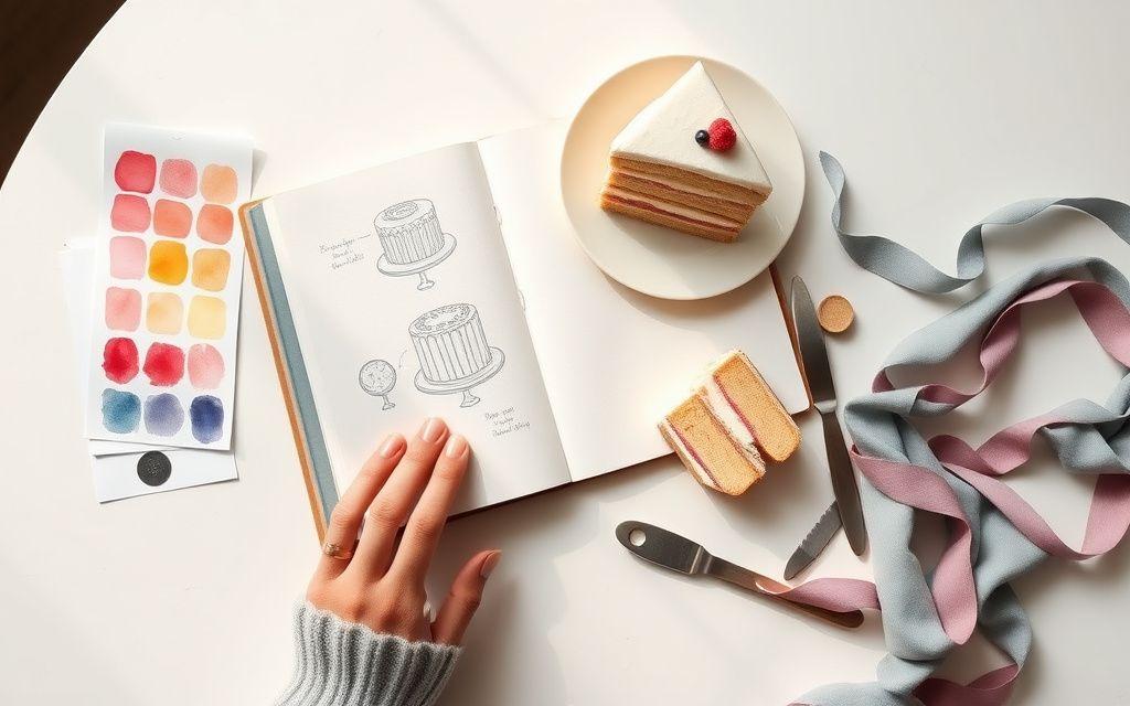 Cake design sketchbook with colour swatches