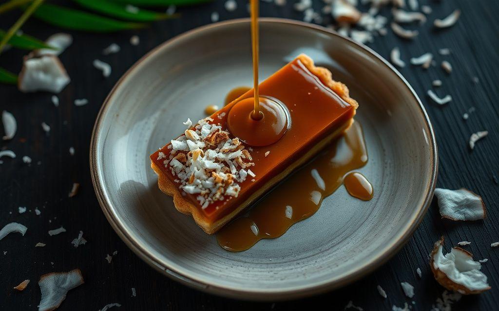 Gula melaka caramel tart with toasted coconut