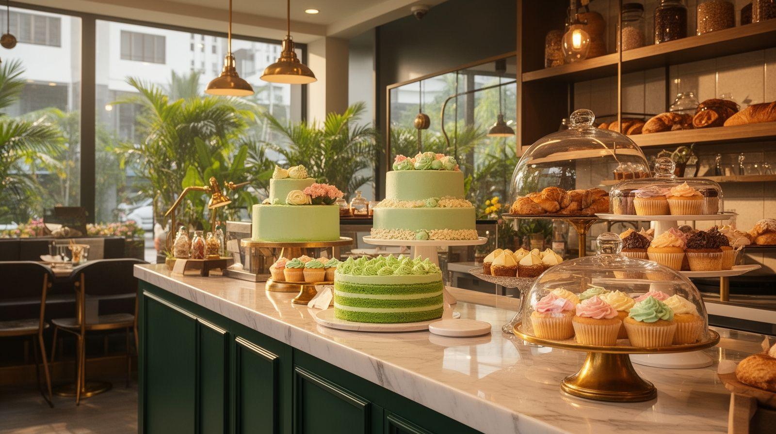 Flowbase Bakehouse counter with celebration cakes and pastries