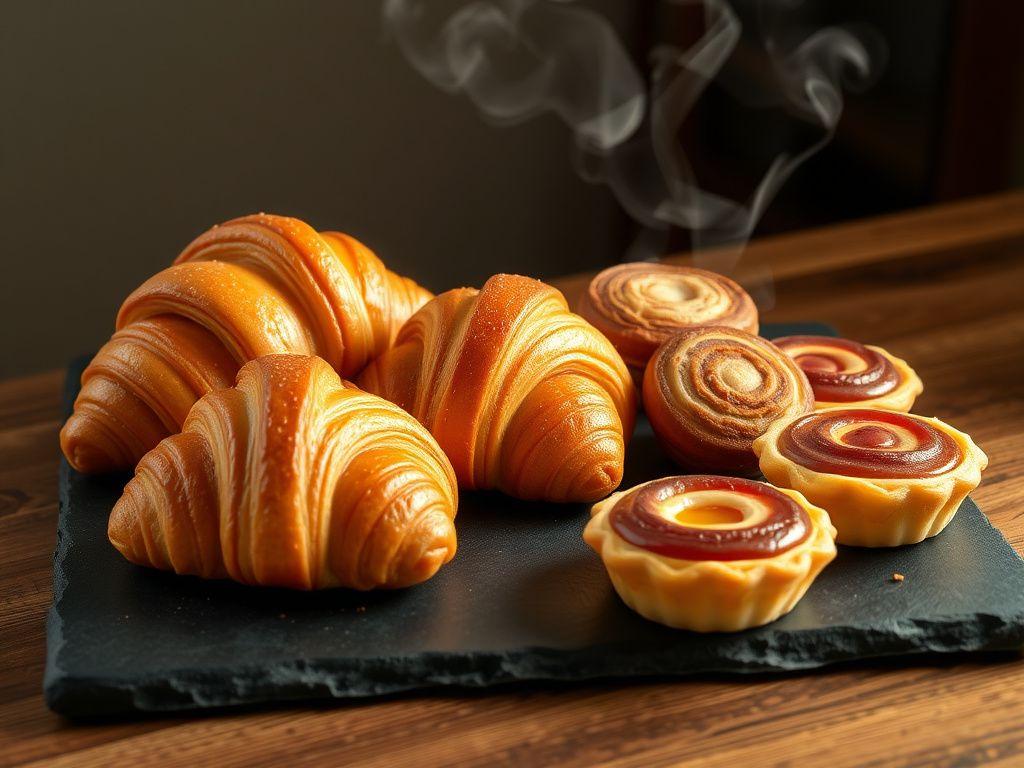 Tray of fresh croissants, kaya buns and tarts