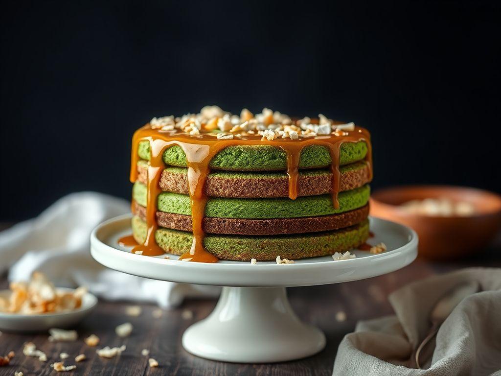 Pandan gula melaka layer cake on a cake stand