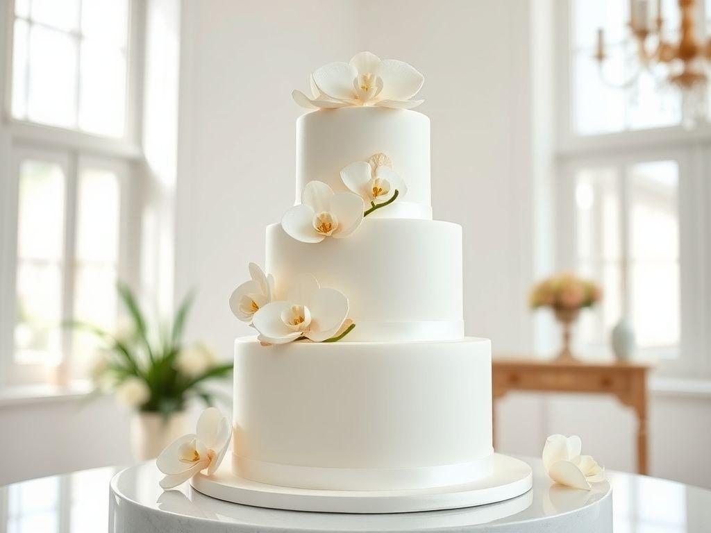 Three-tier wedding cake with sugar orchids