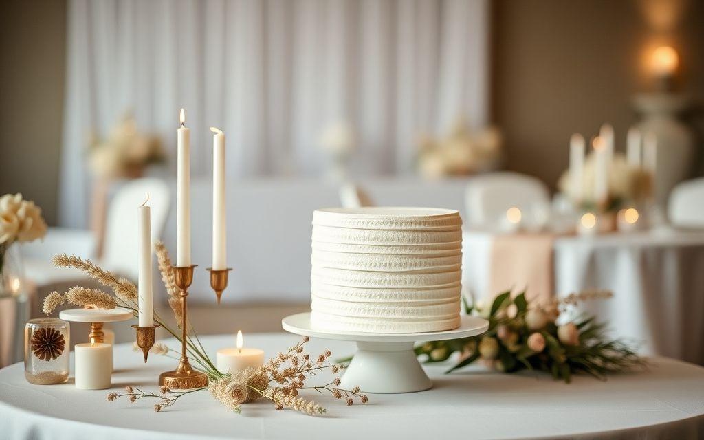 Minimalist wedding dessert table with textured cake